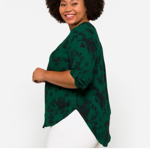 41 Hawthorne Karie Split Neck Blouse Green Black Floral 3/4 Sleeve Top Size 1X - Picture 9 of 12